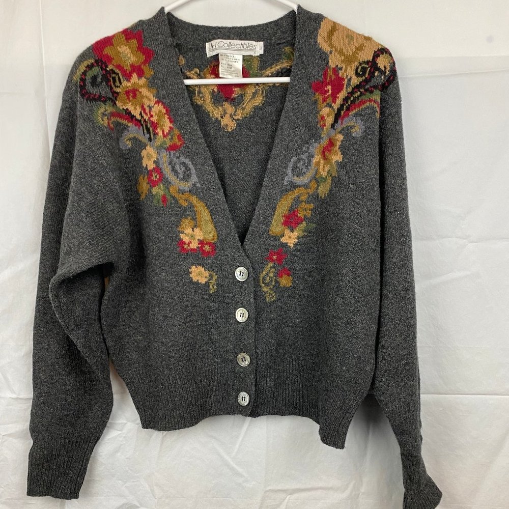 JH Collectible Lambswool Gray Floral Embroidery V Neck Sweater Cardigan Top